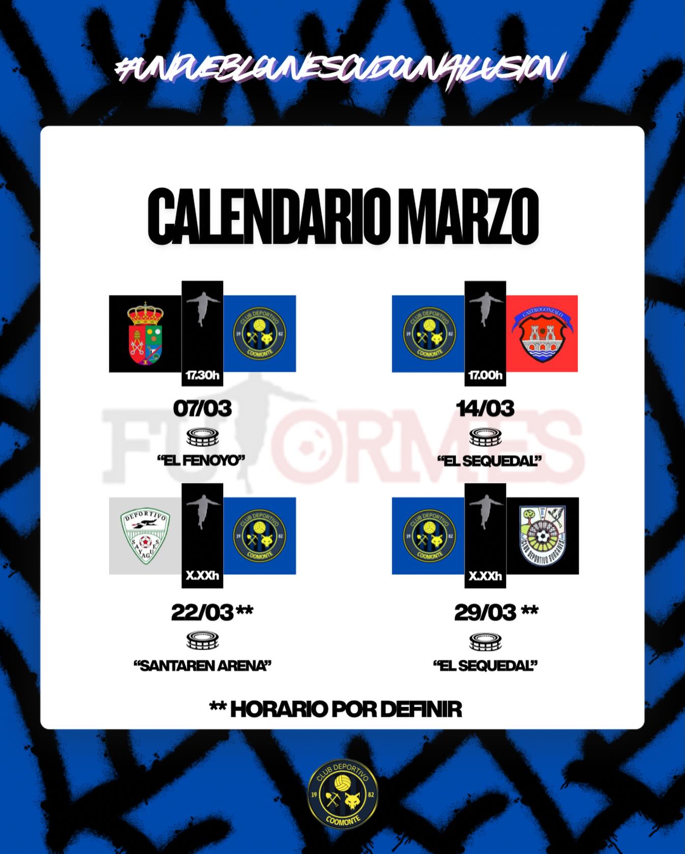 CALENDARIO MARZO | 

Dos y dos, son cuatro. Pues dos partidos fuera de casa en dos campos muy complicados donde tratemos de sacar los máximos posibles. También, dos partidos en casa, con nuestra gente, donde intentaremos seguir dando alegrías a nuestra afición. 

J24 ➡️ @sanpedrodecequefc 
J25 ➡️ @clubatleticocastrogonzalo 
J26 ➡️ @cdsayagues 
J27 ➡️ @atcoburganes 

¡Afición, nos seguimos viendo por los campos, y ya con menos frío! 

¡1, 2, 3, Coomonte, Coomonte, Coomonte! 🖤💙 

#poryparaelpueblo | #cdcoomonte | #futormeszamora