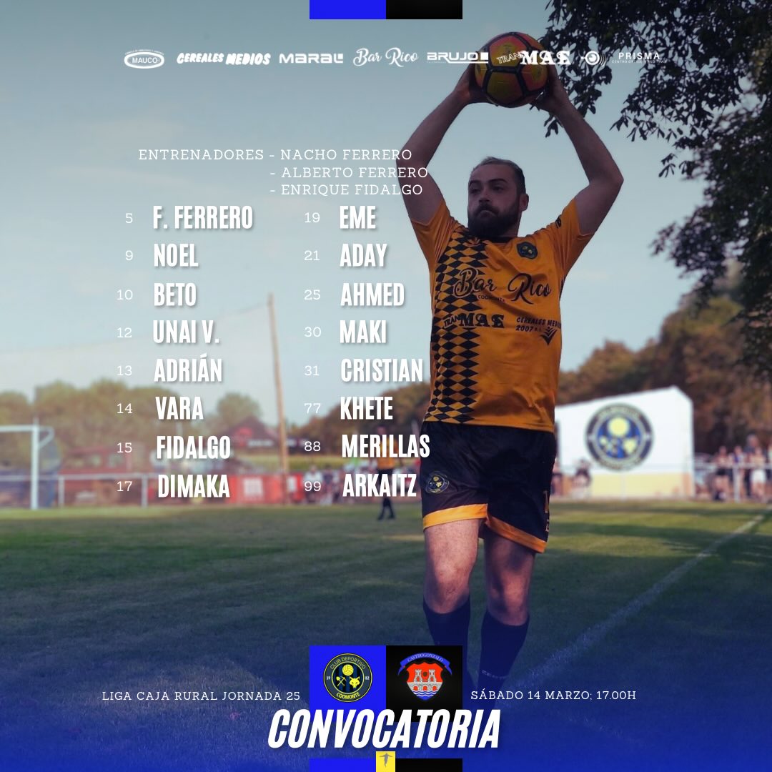 CONVOCATORIA |
Los 16 hombres que intentarán volver a la senda de la victoria esta tarde en casa ante el @clubatleticocastrogonzalo.
¡Nos vemos a las 17.00h afición!
¡1, 2, 3, Coomonte, Coomonte, Coomonte! 🖤💙
#poryparaelpueblo #cdcoomonte #futormeszamora