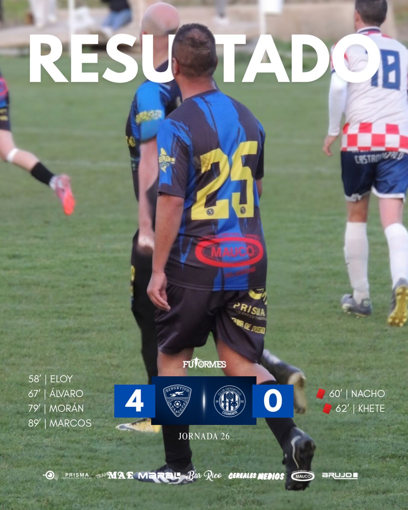 RESULTADO |
Viendo la imagen, creo que queda más que claro lo que sucedió en el campo. ¡NUNCA! Puede ser el protagonista el árbitro, en este caso, así fue. Hasta el equipo rival nos daba la razón, pero parece ser que 1 hombre está por encima de 30 hombres.
Mas allá de todo esto, que no merece ni que se le mencione. ¡HONOR! A los 14 desplazados en la tarde de hoy a Bermillo de Sayago, sí, por si no os ha quedado claro, a Bermillo de Sayago, lo que se traduce en 130km de ida, y otros tantos de vuelta. ¡GRACIAS! A toda esa afición, que se desplaza tan lejos, en un día como el de hoy, que se pierde todo el día entre el viaje y el partido.
Hablando del partido, muy buena primera parte del equipo, que salió serio hasta el descanso. Tras pasar por la caseta, llegaría el primero, en una posición de fuera de juego muy clara, y tras el 1-0, vienen las dos polémicas expulsiones, acabando el partido en 4-0.
¡Enhorabuena al @cdsayagues por la victoria, suerte en lo que resta de temporada!
¡1, 2, 3, Coomonte, Coomonte, Coomonte! 🖤💙
#poryparaelpueblo | #cdcoomonte | #futormeszamora