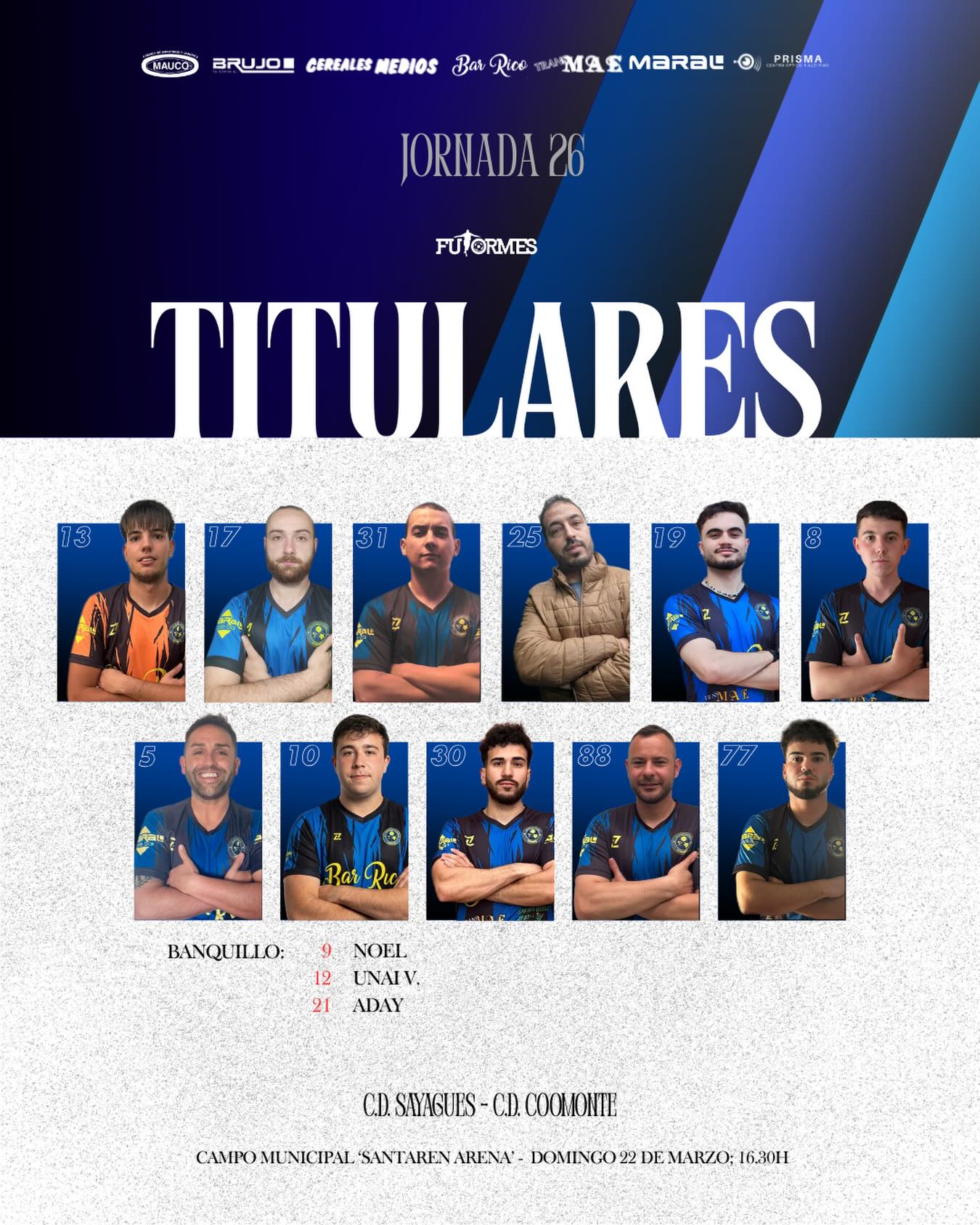 XI INICIAL |
Los 11 hombres que salieron de cara en la tarde de hoy.
¡1, 2, 3, Coomonte, Coomonte, Coomonte! 🖤💙
#poryparaelpueblo | #cdcoomonte | #futormeszamora