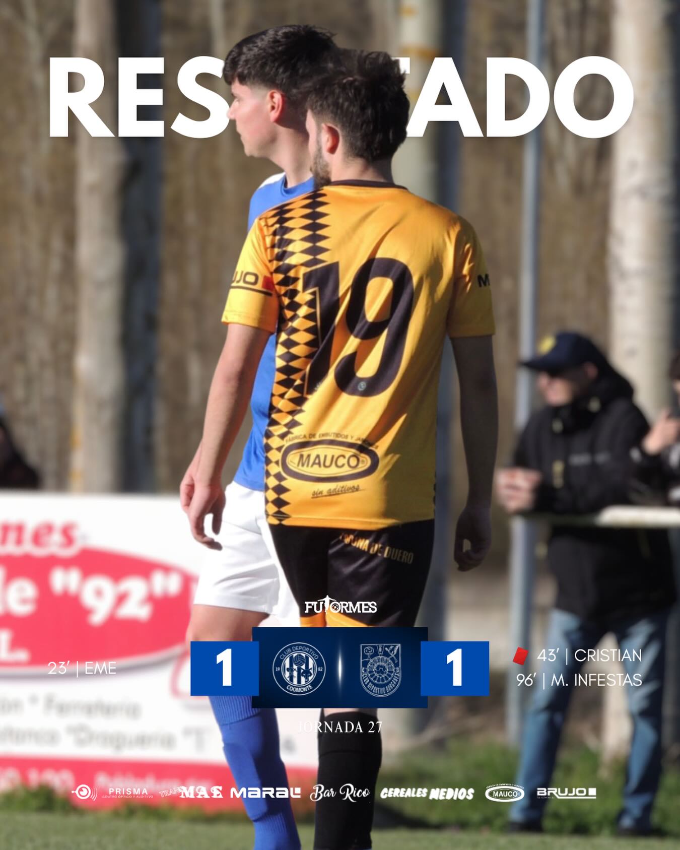 RESULTADO |
Empate que nos sabe a poco, tras estar jugado algo más de 45’ con un jugador más. Tras ir por delante al término del descanso, en la última jugada del partido, empata el @atcoburganes con un centro al área.
¡Enhorabuena al @atcoburganes por el esfuerzo y el punto obtenido, suerte en lo que resta de temporada!
¡1, 2, 3, Coomonte, Coomonte, Coomonte! 🖤💙
#poryparaelpueblo | #cdcoomonte | #futormeszamora