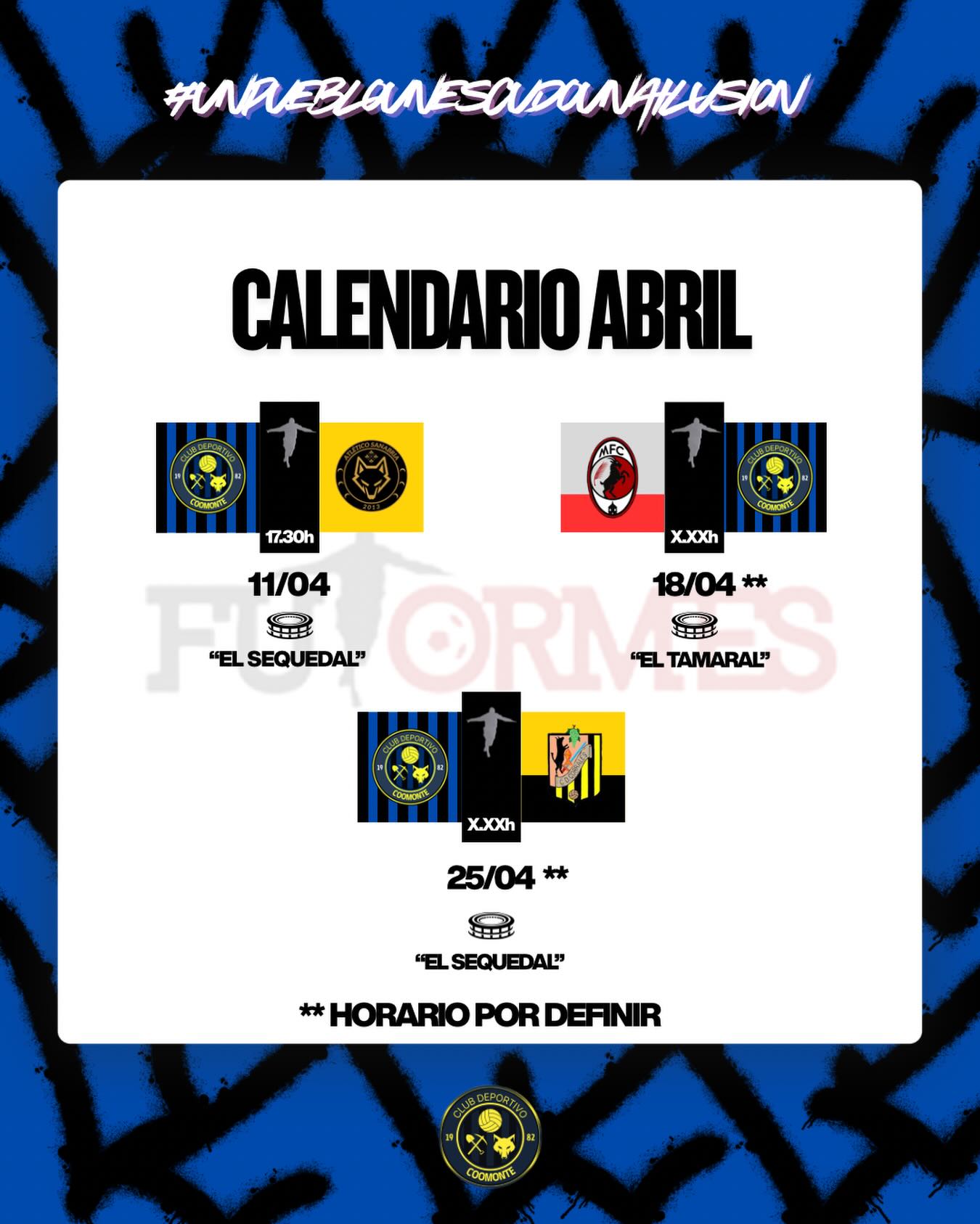 CALENDARIO ABRIL | 

Últimos tres partidos ligueros… y… ¡LA COPA!. Tres partidos complicados donde solo nos vale sumar de tres. Muchos dirán, ¿para qué si no os jugáis nada ya? Por qué este equipo compite desde el primer partido hasta el último y con hambre de sumar de 3 en 3. 

J28 ➡️ @atletico_sanabria 
J29 ➡️ @manganeses.f.c 
J30 ➡️ @cdcorralesf11 

¡Dos partidos en casa y uno en Manganeses de la Polvorosa, bien cerquita, os esperamos afición!

¡1, 2, 3, Coomonte, Coomonte, Coomonte! 🖤💙 

#poryparaelpueblo | #cdcoomonte | #futormeszamora
