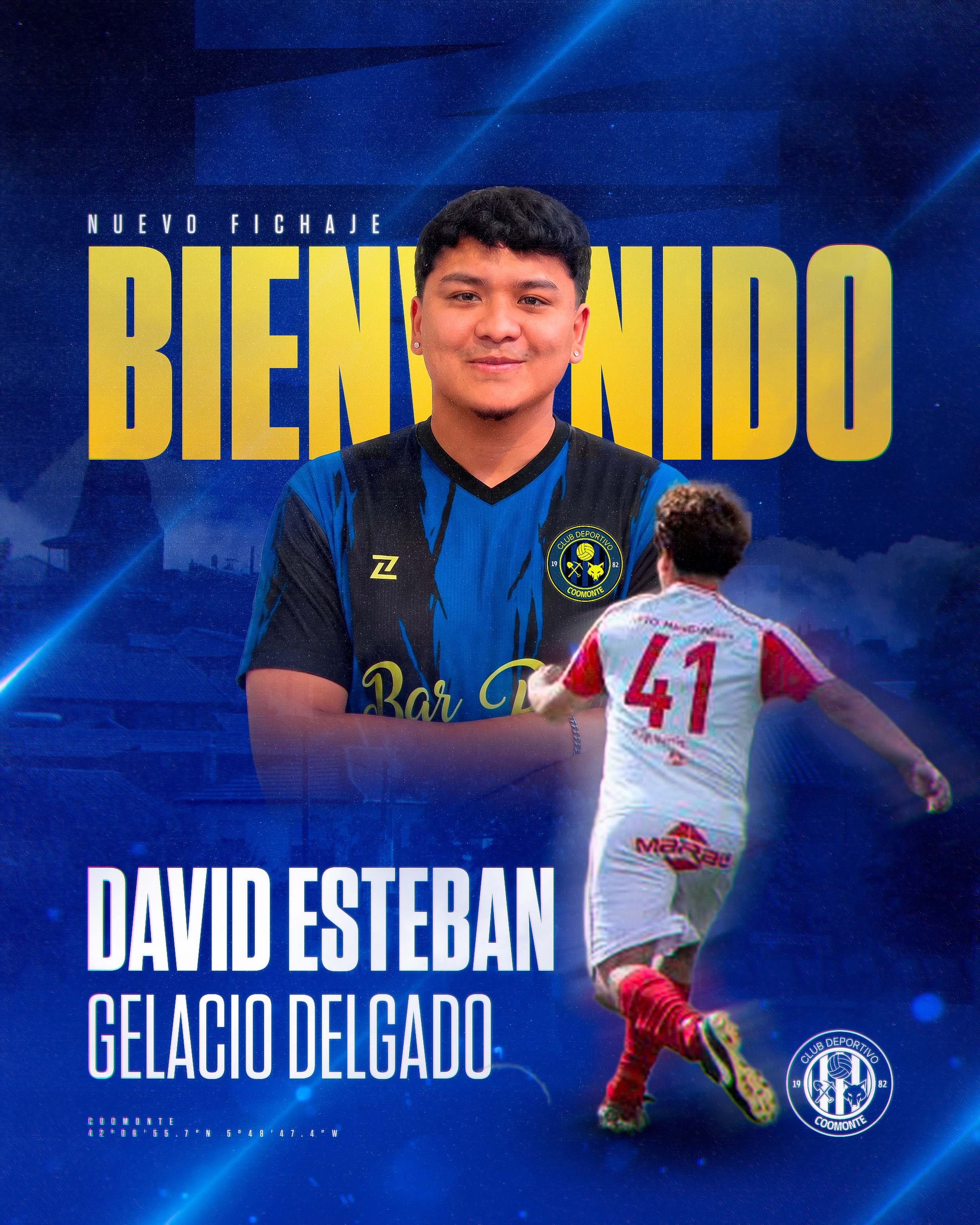 FICHAJE |
Nos vamos a la banda del campo, donde llega David Gelacio. Jugador veloz, hábil y con mucho toque de balón del que disfrutaremos en la banda de ‘El Sequedal’ en esta nueva temporada. Con pasado en el Manganeses de la Polvorosa, con varias temporadas en su historial por lo que ya conoce bien esta liga. Te deseamos una temporada llena de éxitos junto a nosotros y momentos inolvidables.
¡Bienvenido a tu nueva casa, Gelacio!
¡Tus éxitos serán los nuestros!
¡1, 2, 3, Coomonte, Coomonte, Coomonte! 🖤💙
#unpueblounescudounailusion | #cdcoomonte