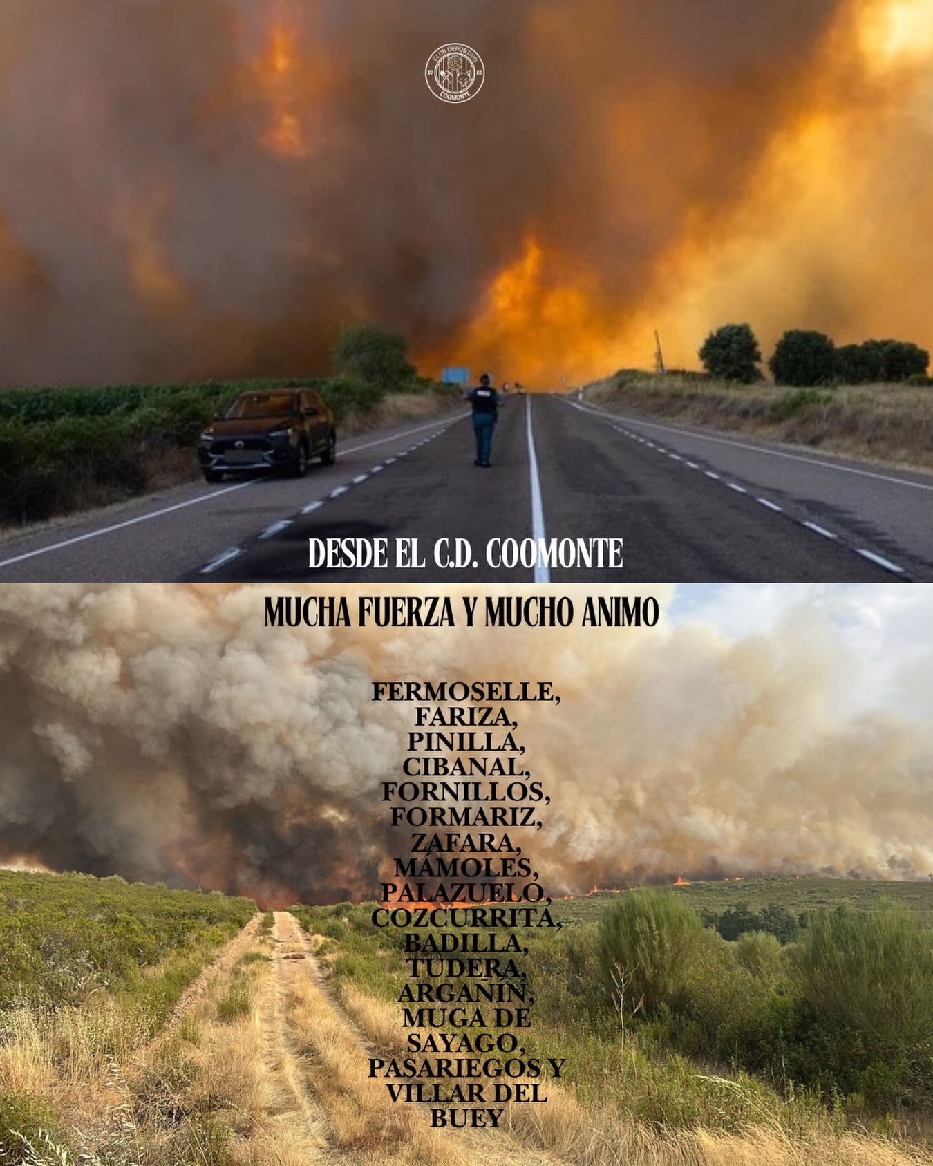 Desde el Club Deportivo Coomonte queremos enviar todo nuestro apoyo y cariño a los vecinos de Sayago en estos momentos tan difíciles. Ver cómo el fuego golpea vuestra tierra duele a toda la provincia de Zamora.

Mucho ánimo a todas las personas afectadas, a quienes están luchando por proteger sus pueblos y a los servicios de emergencia que trabajan sin descanso. Estamos con vosotros y confiamos en que, con la fuerza y la unión que siempre ha caracterizado a nuestra tierra, conseguiréis salir adelante.

También, nos acordamos de nuestros amigos del @cdsayagues, donde hoy el fútbol queda en un segundo plano. Os mandamos nuestra fuerza y apoyo. 🫂

Un fuerte abrazo de parte desde el Club Deportivo Coomonte. Mucho ánimo, Sayago.